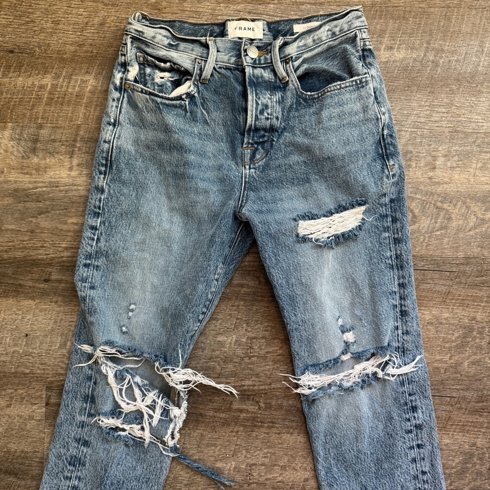 Frame Le Orginal Jeans High Rise Distressed Button Fly Cascade Blue Rips Size 25 - Picture 9 of 12